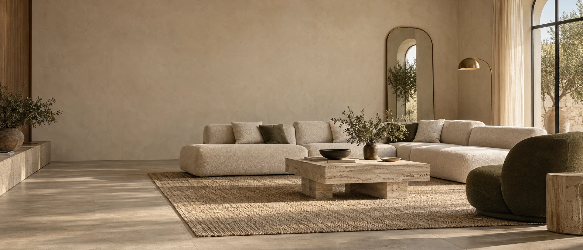 Aurevale living room with ivory sofa and sculptural lighting