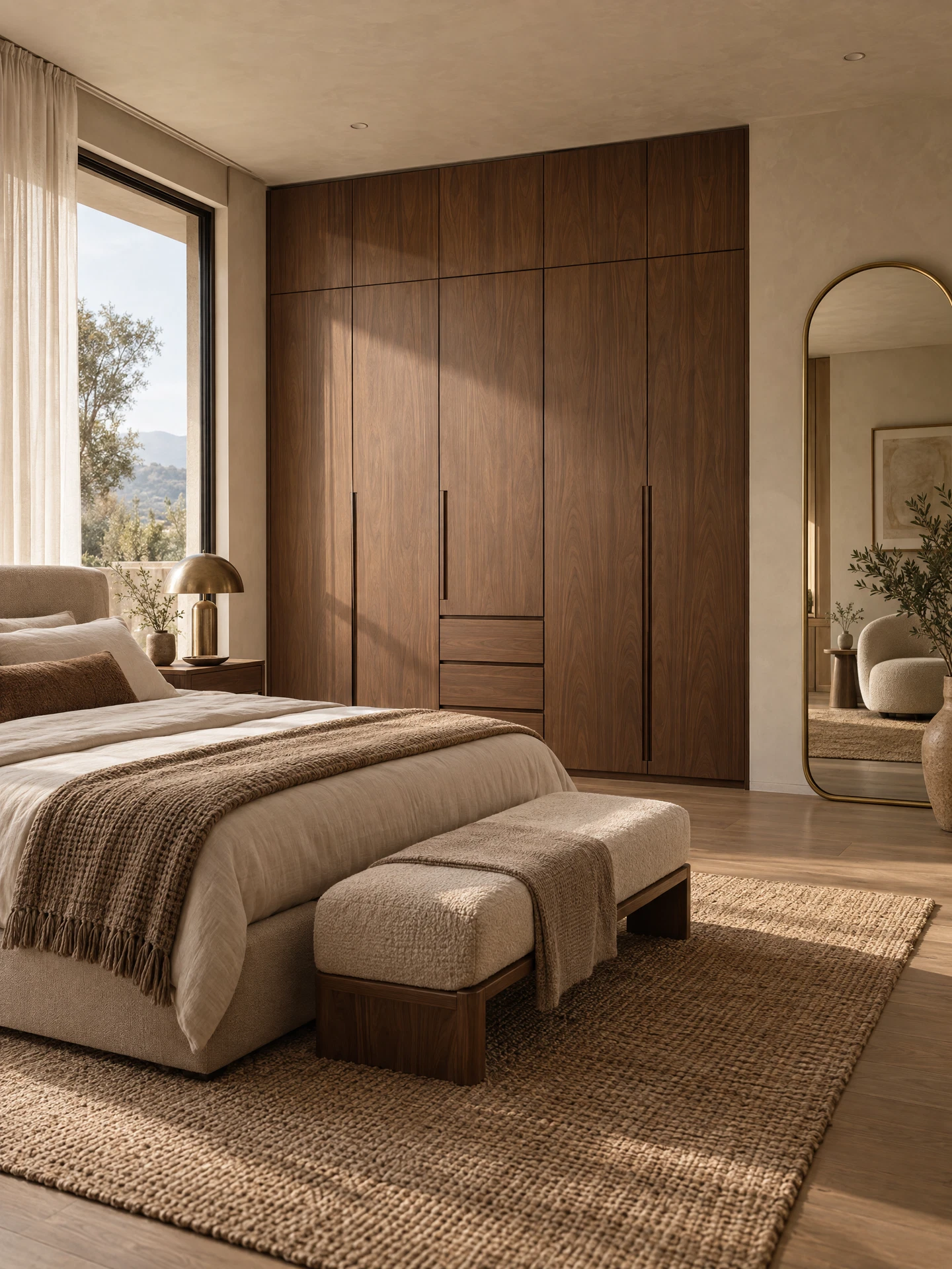 Walnut wardrobe and quiet luxury bedroom