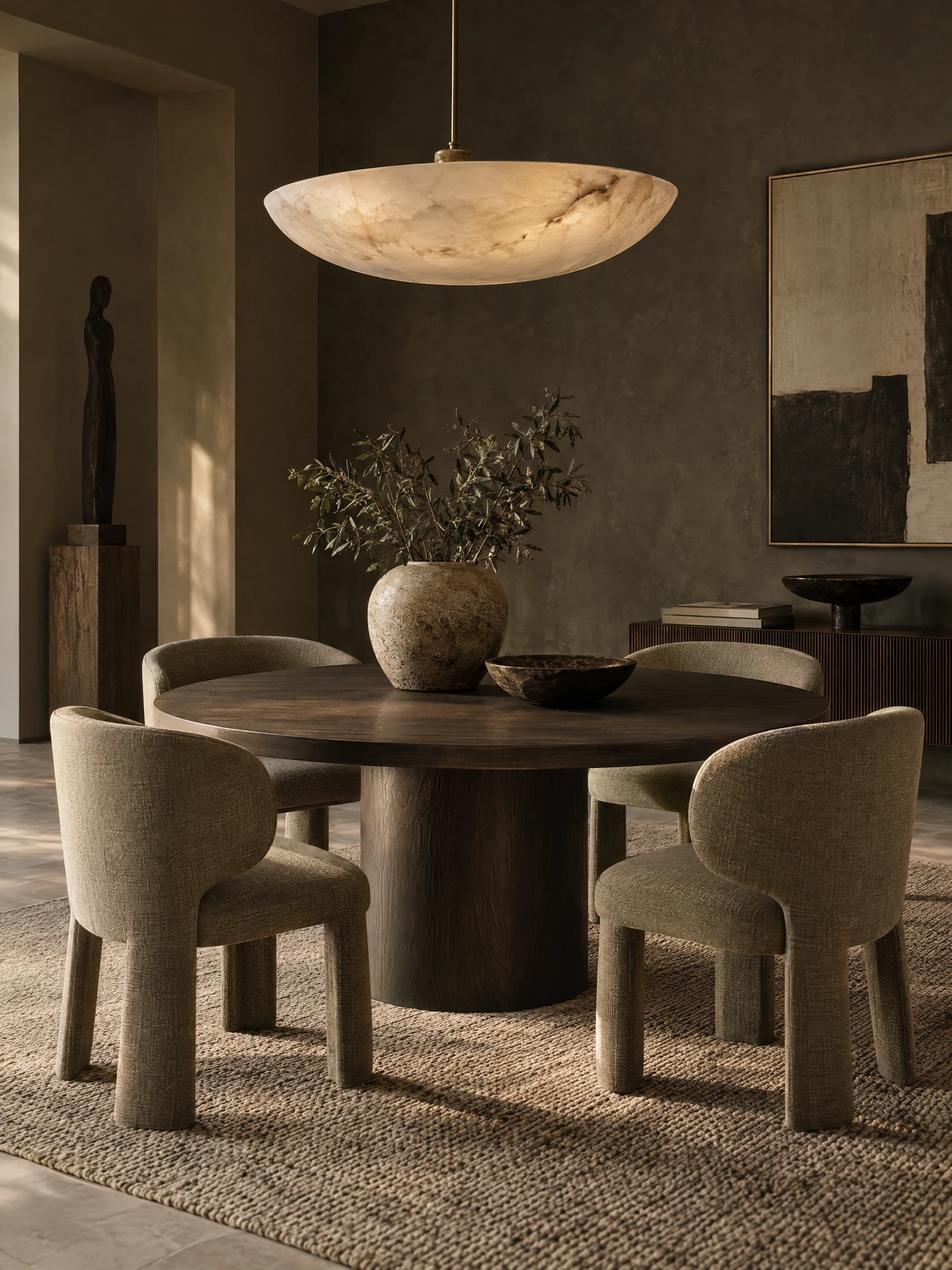 Contemporary dining room with sculptural pendant